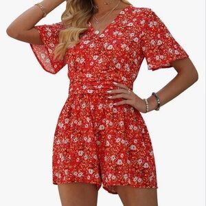Floral Bright Burnt Orange Romper